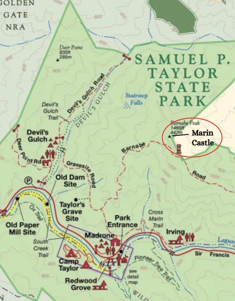 Map of Samuel Taylor Park with Marin Castle location circled
